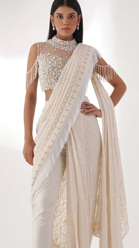 White Beaded Pant Saree