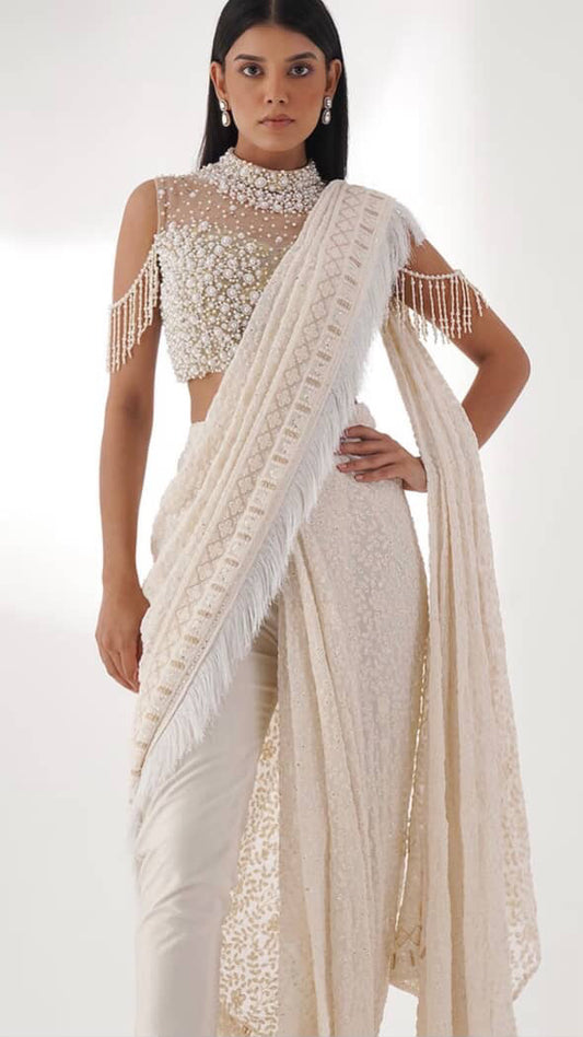 White Beaded Pant Saree