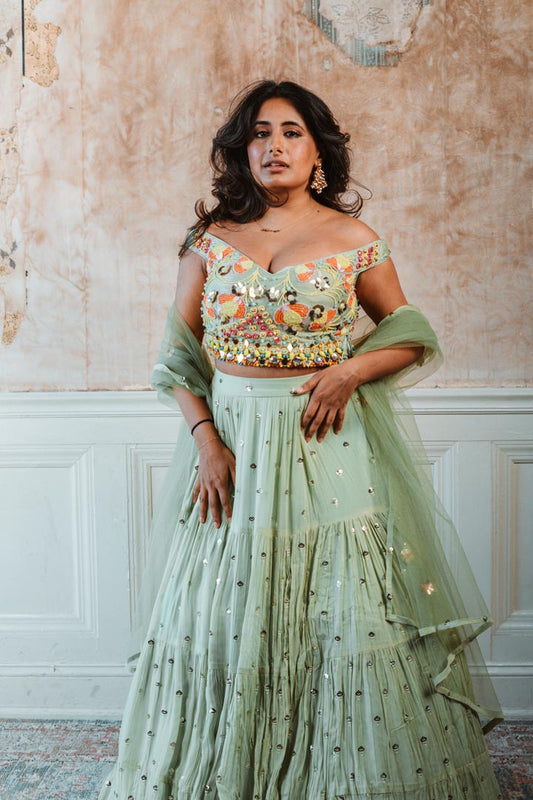 Pista Green Beaded Lehenga