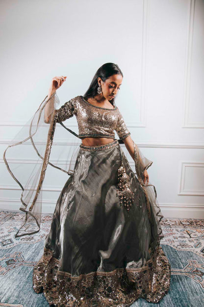 Dark Silver Sequin Lehenga