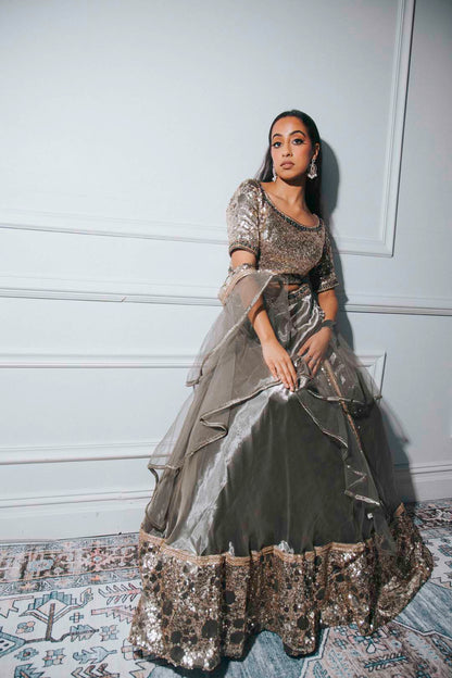 Dark Silver Sequin Lehenga