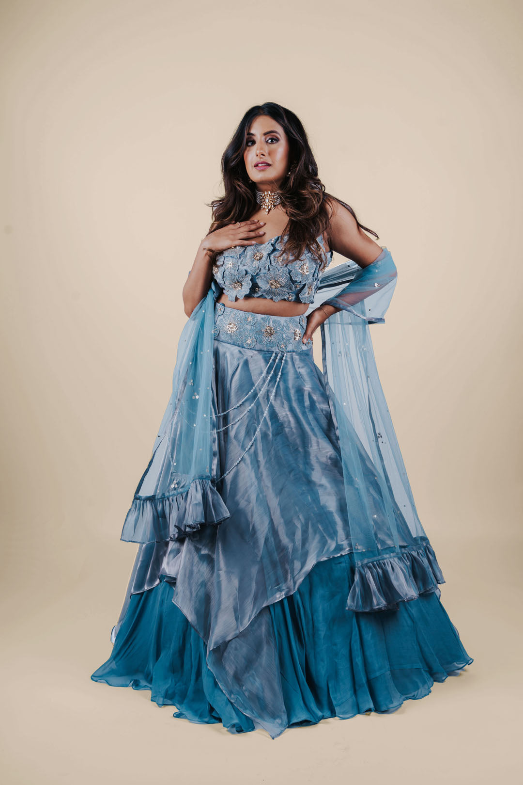 Blue Organza Lehenga